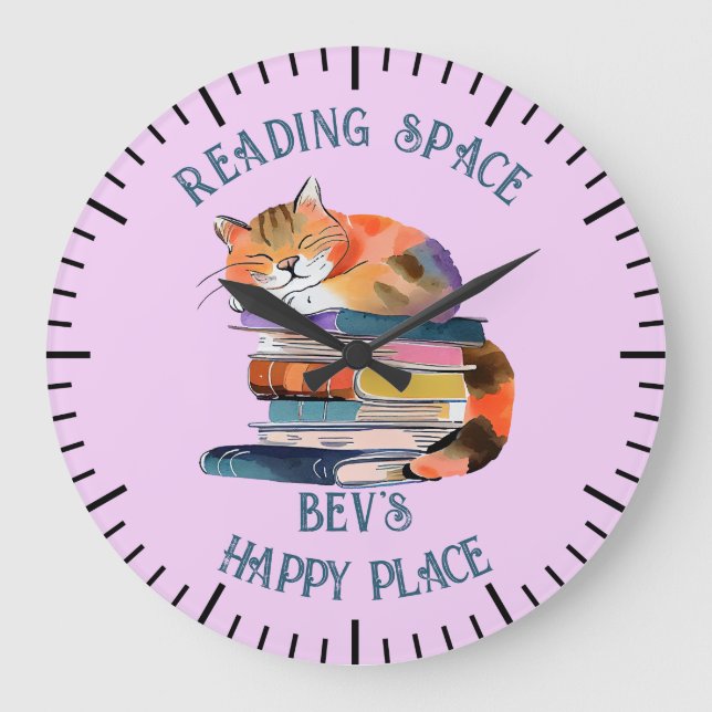 Grande Horloge Ronde Chat aquarelle avec livres (Recto)