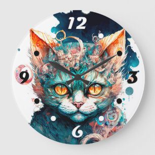 Grande Horloge Ronde Chat aquarelle en style steampunk