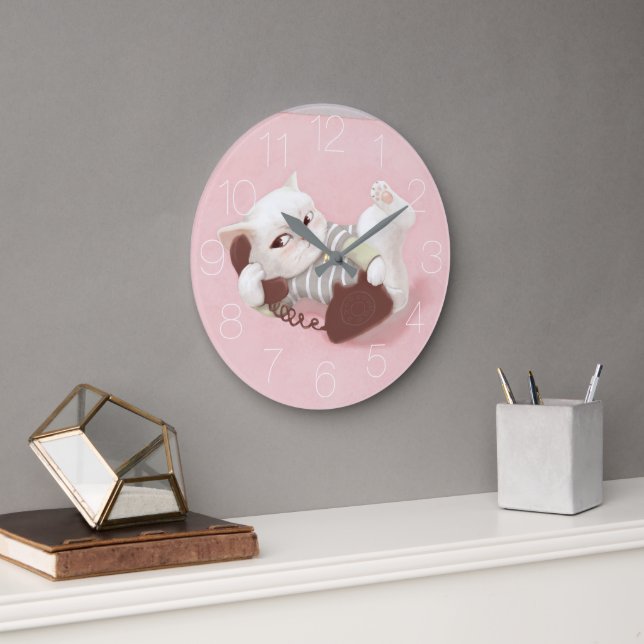 Grande Horloge Ronde Chat au téléphone (Bureau)