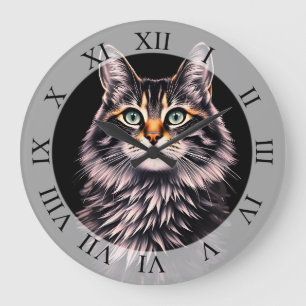Grande Horloge Ronde Chat aux yeux verts 