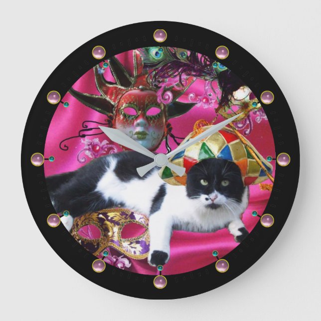 GRANDE HORLOGE RONDE CHAT AVEC CASQUETTE HARLEQUIN ET MASQUERADE DE FÊT (Recto)