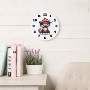 Grande Horloge Ronde Chat avec des cœurs rouges mignon et amusant