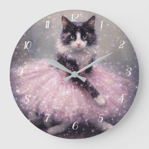 Grande Horloge Ronde Chat Ballerine Étincelant en Tutu Rose            