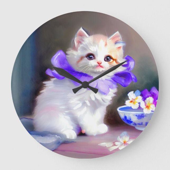 Grande Horloge Ronde Chat blanc avec collier de fleurs violettes (Recto)