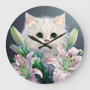 Grande Horloge Ronde Chat Blanc Derrière Des Lys Vibrants