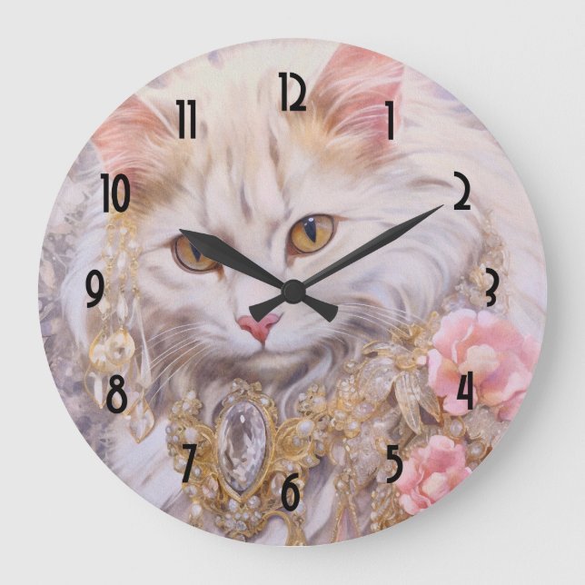 Grande Horloge Ronde Chat blanc élégant en or et diamants (Recto)