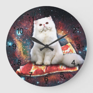 Grande Horloge Ronde Chat blanc sur la pizza