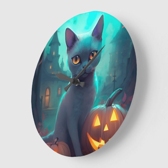 Grande Horloge Ronde Chat bleu russe d'Halloween avec la peur Citrouill (Angle)