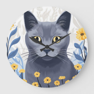 Grande Horloge Ronde Chat Bleu Russe Fleurs Jaunes