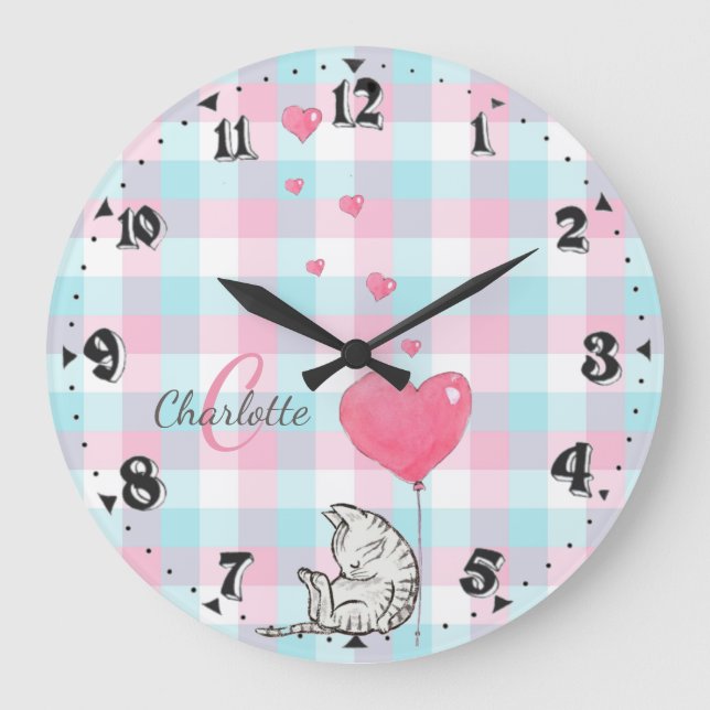 Grande Horloge Ronde Chat couché mignon rose Monogramme bleu (Recto)