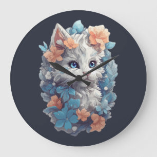 Grande Horloge Ronde Chat Cute Blanc Floral Kitty