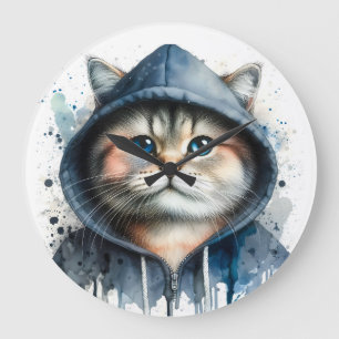 Grande Horloge Ronde Chat d'aquarelle en bleu Sweat - shirt à capuche S