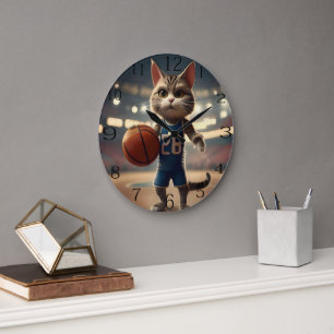 Grande Horloge Ronde Chat de basket-ball,