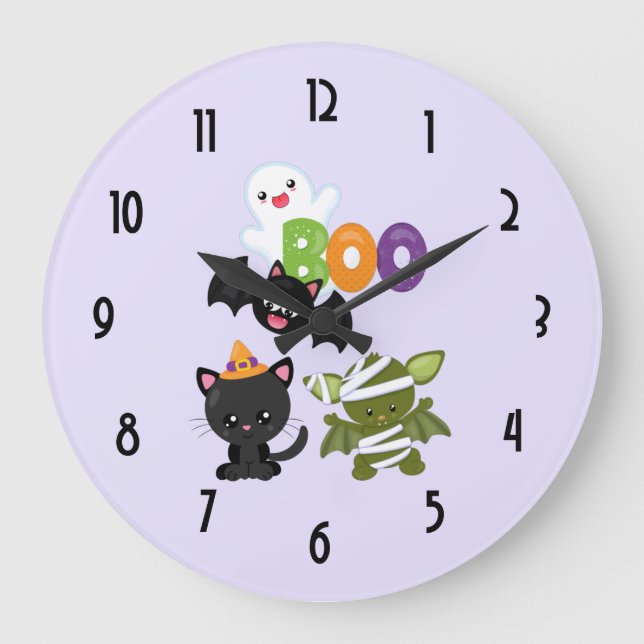 Grande Horloge Ronde Chat de Cute Halloween, bat, mummy et ghost (Recto)