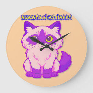 Grande Horloge Ronde chat de dessin animé rose et violet