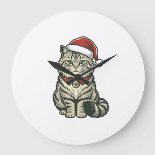 Grande Horloge Ronde Chat de Noël Chapeau de Père Noël Dessin de Gravur