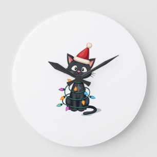 Grande Horloge Ronde Chat de Noël Smoking chat noir Noël lumières minou