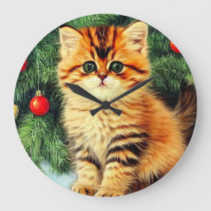 Grande Horloge Ronde Chat de Noël Vintage