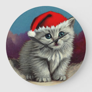 Grande Horloge Ronde Chat de Noël Vintage à Santa Hat