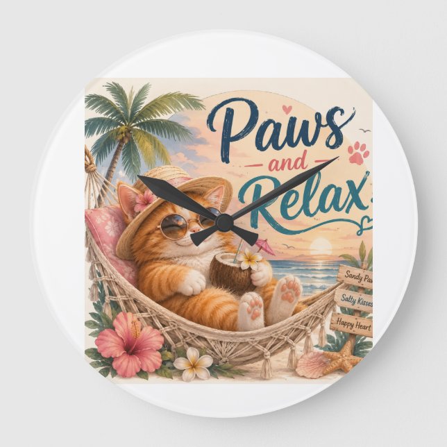 Grande Horloge Ronde Chat de plage détendu (Recto)