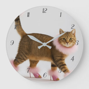 Grande Horloge Ronde Chat de Style en Talons Roses et Glamour Douill