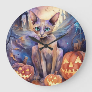 Grande Horloge Ronde Chat d'Halloween Abyssinian avec la peur Citrouill