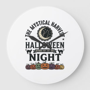 Grande Horloge Ronde Chat d'Halloween Chats noirs Citrouilles Vintage D