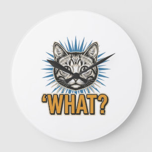Grande Horloge Ronde Chat drôle 'QUOI_' Gravure vintage graphique Tee_1