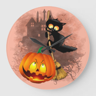 Grande Horloge Ronde Chat effrayé par Citrouille Fun Halloween caractèr