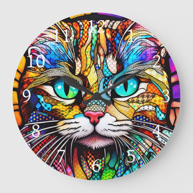 Grande Horloge Ronde Chat en verre à plusieurs couleurs 710 (Recto)