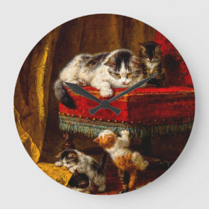 Grande Horloge Ronde Chat et chatons Jouer avec chaise