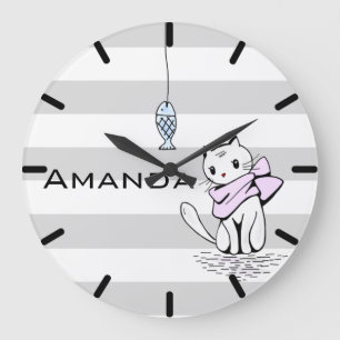 Grande Horloge Ronde Chat et poisson blanc testé
