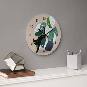 Grande Horloge Ronde Chat et un Plante
