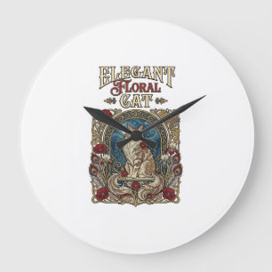 Grande Horloge Ronde Chat floral élégant Art Nouveau vintage vecteur 
