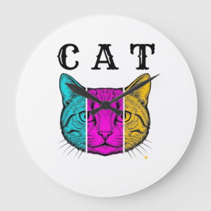 Grande Horloge Ronde Chat gravé vintage bloc de couleur graphique Desig