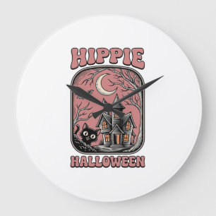 Grande Horloge Ronde Chat Halloween Hippie Maison Hantée Design Vintage