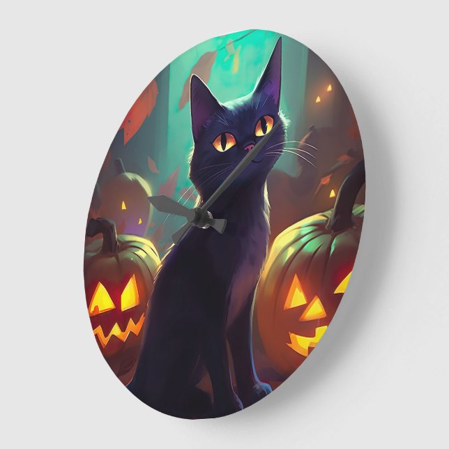 Grande Horloge Ronde Chat Halloween Tuxedo Avec Peur Citrouille (Angle)