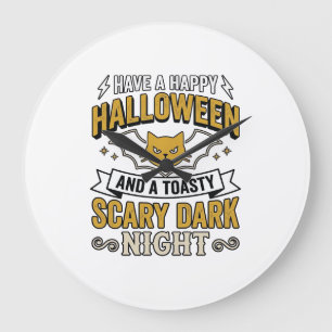 Grande Horloge Ronde Chat Halloween Vintage Création Nuit Sombre Effray