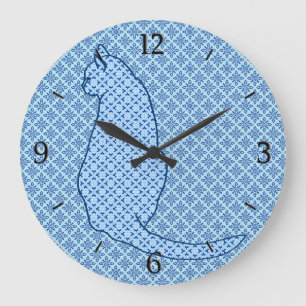 Grande Horloge Ronde Chat japonais - Kimono bleu