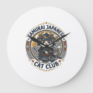 Grande Horloge Ronde Chat japonais samouraï Art vectoriel POD - Samoura