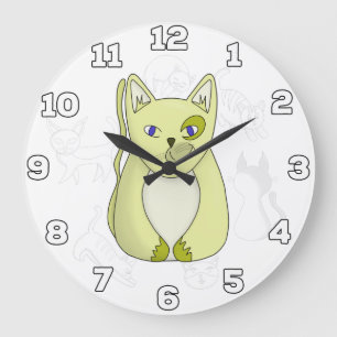 Grande Horloge Ronde Chat jaune avec sourire coquin