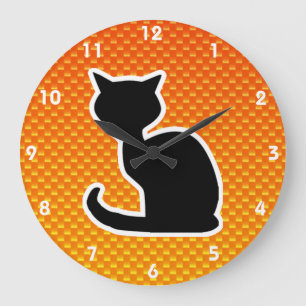 Grande Horloge Ronde Chat jaune-orange