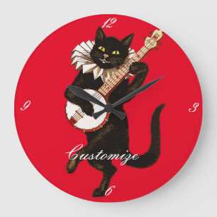 Grande Horloge Ronde Chat jouant Banjo Thunder_Cove Classic