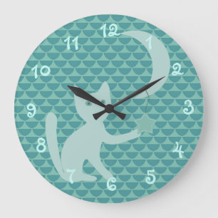 Grande Horloge Ronde Chat Jouer avec Lune et Star Turquoise