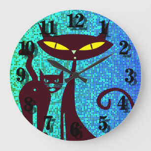 Grande Horloge Ronde Chat Lover Illustration dans Aqua Blue Background