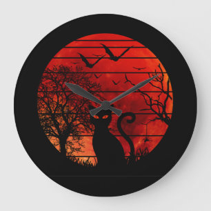 GRANDE HORLOGE RONDE CHAT LUNE ROUGE NUIT AMANT DES CHATS NOIRS