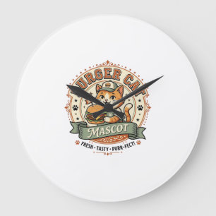 Grande Horloge Ronde Chat mascotte Burger Chat mascotte Fast Food Chat