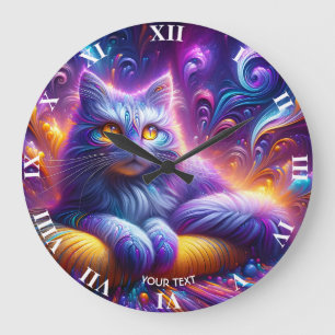 Grande Horloge Ronde Chat mignon bleu violet Imaginaire