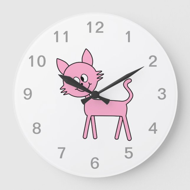 Grande Horloge Ronde Chat mignon. Promenade de chats roses. (Recto)