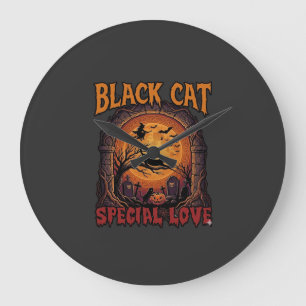 Grande Horloge Ronde Chat Noir Amour Spécial Halloween Lune Sorcière Ci